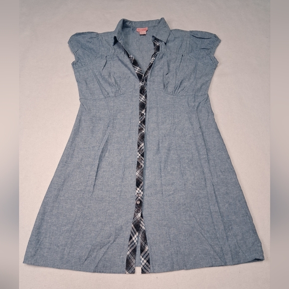 shes cool Dresses & Skirts - Vintage Chambray Shescool Mini Shirt Dress with Contrast Plaid Trim - Blue